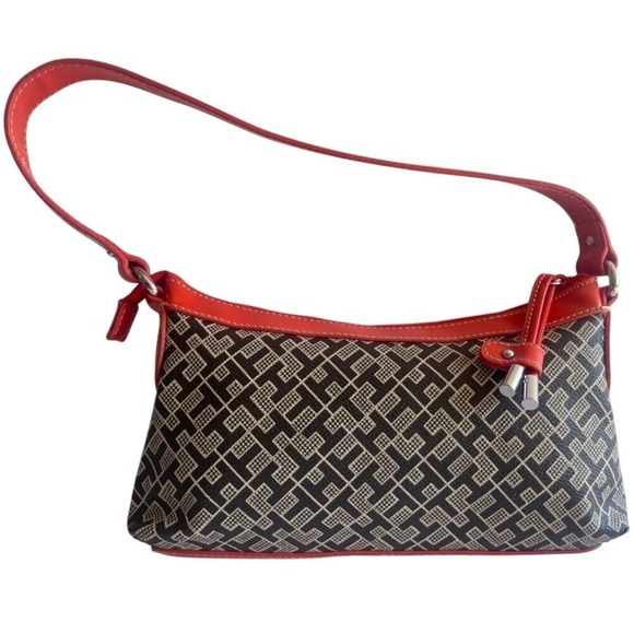 Tommy Hilfiger Orange Brown Jacquard Baguette Shoulder Bag Zip American Classic - Picture 2 of 8